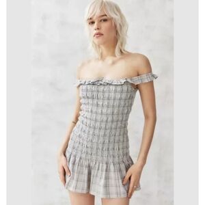 NWOT UO Kimchi Blue Metallic Grey Evalina Plaid Off-The-Shoulder Mini Dress M